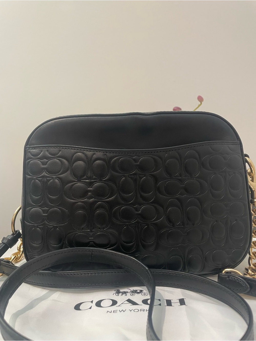Coach Black Embossed Leather Camera Crossbody with Gold Chain - Picture 2 of 16